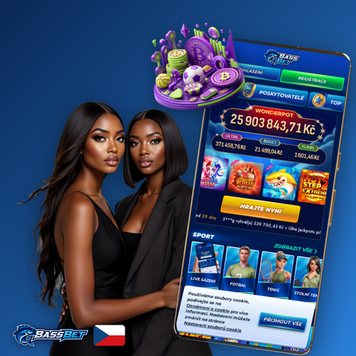 Bassbet Casino Casino mobilní aplikace s lobby her a sportovních sázek na displeji telefonu
