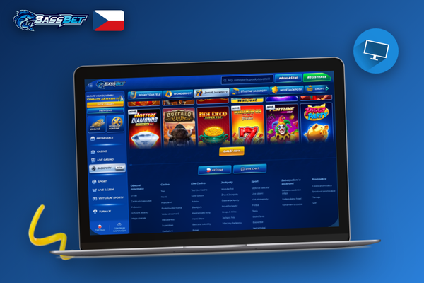 Notebook s registračním formulářem Bassbet Casino Casino a zvýrazněným polem pro bonus kód