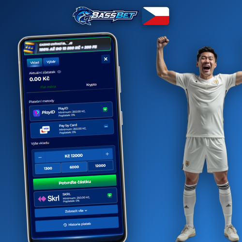 Bassbet Casino Casino pokladna s ikonami Visa, Mastercard, Skrill a Bitcoin pro vklad v CZK